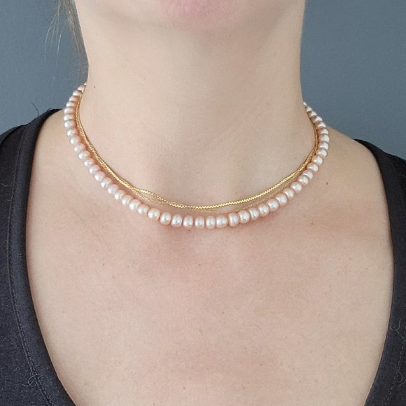 Freshwater Pink Pearl Strand Necklace - 16" - Picture 2 of 6
